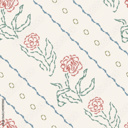 Seamless floral pattern. Vector embroidery imitation. Light vintage background. Canvas texture emulation. Fantasy flowers like tulips. Hand drawn red, green, blue stitches on beige cloth. Flat colors.