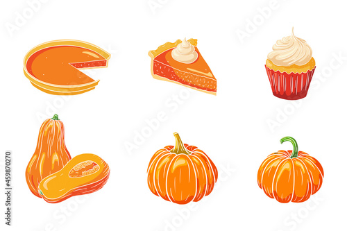 Pumpkin Dishes Set. Fresh ripe pumpkins, pumpkin pies and cupcake. Traditional Thanksgiving food collection for stickers, invitation, menu and greeting cards decoration. Premium Vector