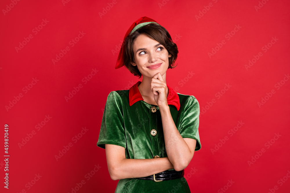 Ταπετσαρία Photo of minded dreamy cheerful happy woman santa helper elf look empty space is