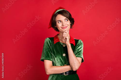 Quadro em tela Photo of minded dreamy cheerful happy woman santa helper elf look empty space is