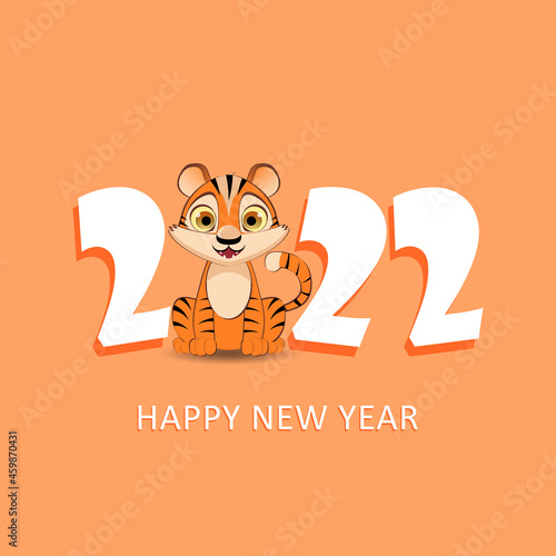Cute Happy New Year 2022 greetings.Merry Christmas. Year of the tiger. © Maria Goryacheva 