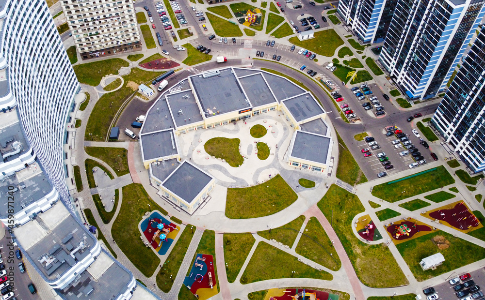 Top view of the new playgrounds and yard. Equipped territory of a residential complex with new buildings and apartments. 25 September 2021, Minsk, Belarus