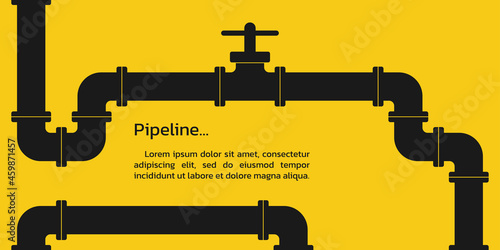 Pipeline background. Oil, water or gas pipe with valve. Plumbing system. Industrial, construction or technology business infographic. Vector illustration.