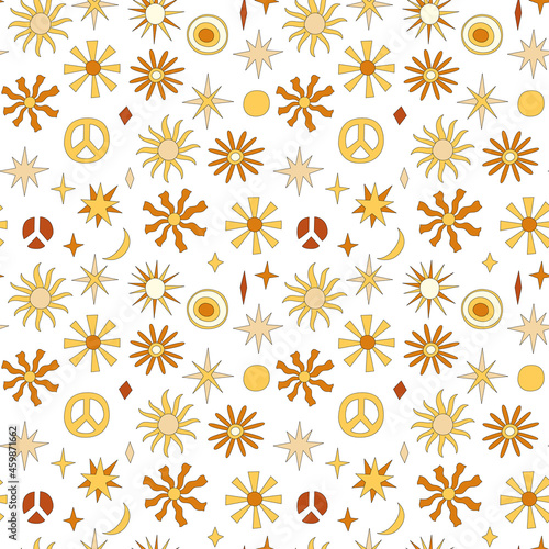 70s retro hippy vector seamless pattern. Groovy vintage repeat pattern with sun, peace sign and stars. Wavy doodle hippie print for wallpaper, banner, textile design, fabric, wrapping. Abstract