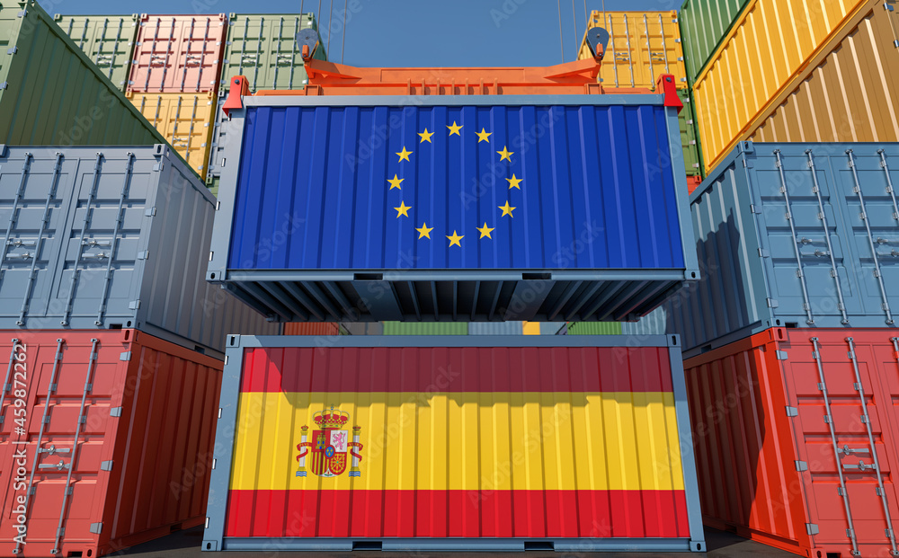 Fototapeta premium Freight containers with Spain and European Union flags. 3D Rendering 