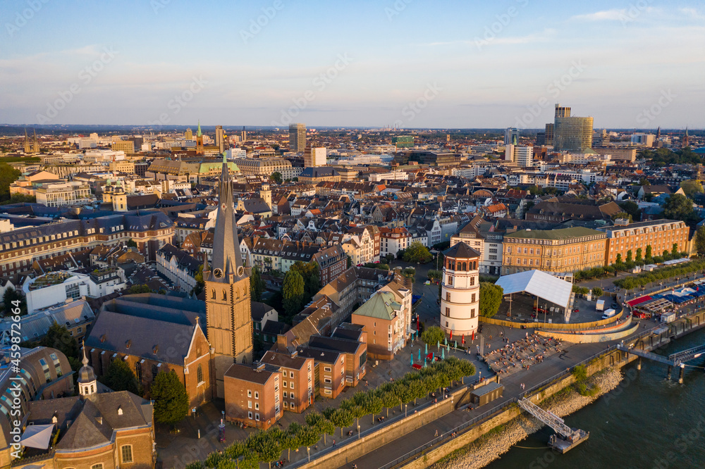 Germany, North Rhine-Westphalia, Dusseldorf, Aerial view of Burgplatz, Schlossturm and Saint Lamberts Church at dusk Germany, North Rhine-Westphalia, Dusseldorf, Aerial view of Burgplatz, Schlossturm and Saint Lamberts Church at dusk