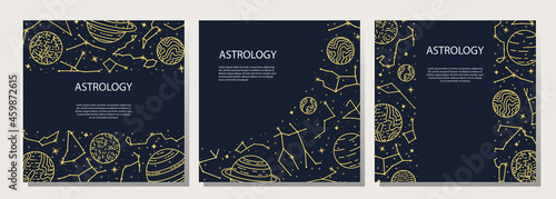 Vector set of posters with planets and constellations. Astrological background. A template with space for text.