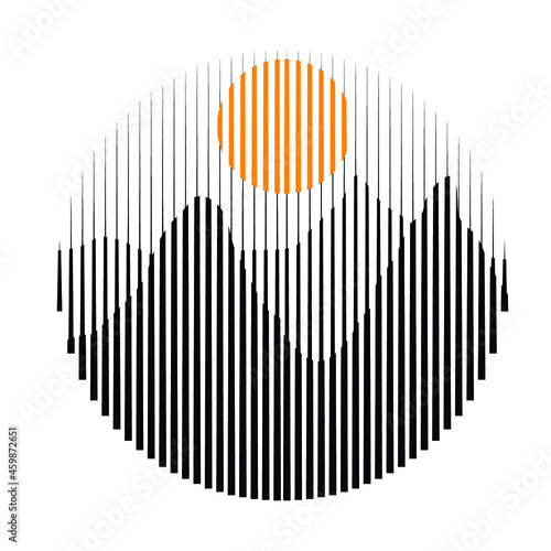 Mountains and sun , modern minimal style .Transition Logo with lines.Square unusual icon Design .Black Vector stripes .Geometric shape.