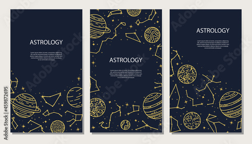 Vector set of posters with planets and constellations. Astrological background. A template with space for text.