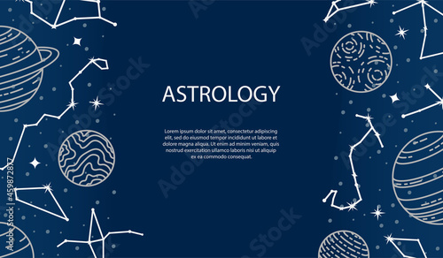 Vector poster with planets and constellations. Astrological background. A template with space for text.