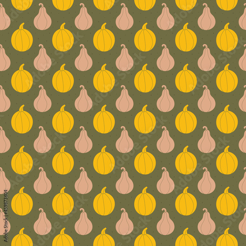 Pumpkin silhouette seamless pattern, background. Autumn holiday. Thanksgiving Halloween decor. Vegan vegetarian food. Kitchen element. Groceries shop. Gardening, farming.