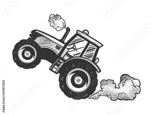 racing tractor sketch engraving vector illustration. T-shirt apparel print design. Scratch board imitation. Black and white hand drawn image.