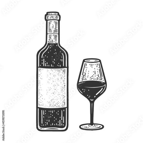 Wine bottle with glass sketch engraving vector illustration. T-shirt apparel print design. Scratch board imitation. Black and white hand drawn image.