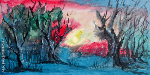 Sunset in the forest acrylic painting autumn landscape