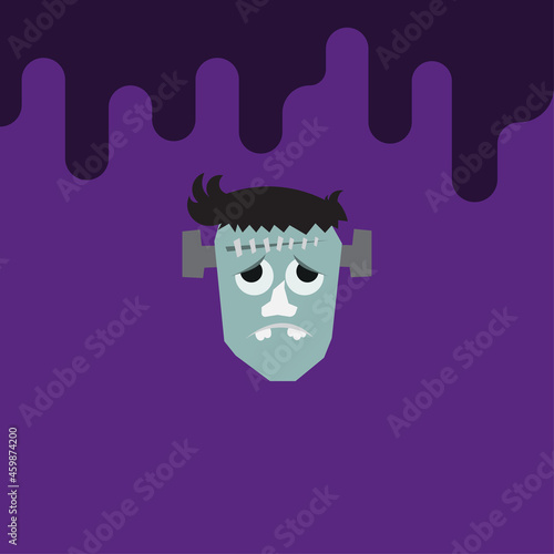 halloween cartoon frankenstein face, on bleeding background, card and decoration vector illustration