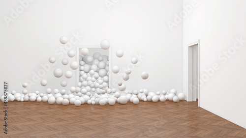 Colorful Bunch of Birthday Balloons Flying for Party in Door open Room. 3D illustration, 3D rendering	
