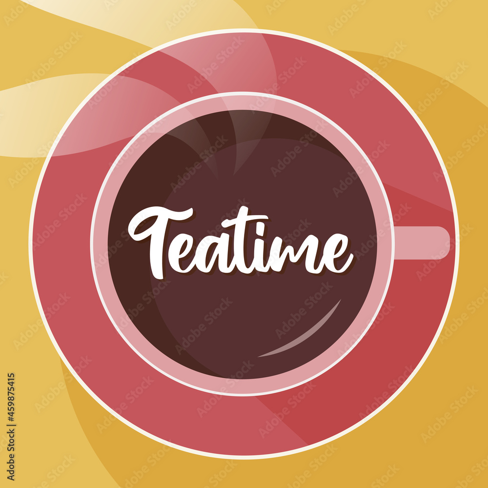 Red teatime cup steam in flat style on yellow background.