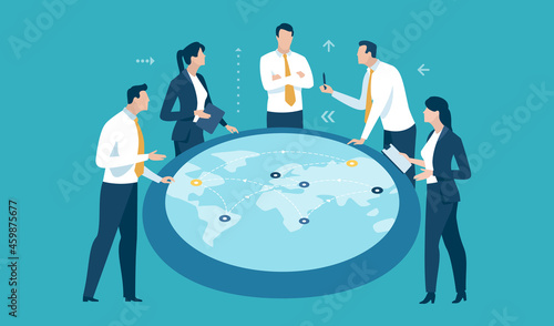 Global trade, investing. Business vector illustration. Team discussion around a round table with a map of the Earth.