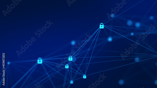 Block chain. Crypto currency. Security concept. Abstract composition with connecting dots and lines. Futuristic network. Background for business event. 3d rendering.
