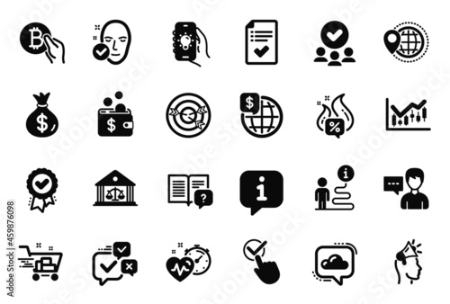 Vector Set of Business icons related to Instruction manual, Checkbox and Shopping cart icons. Approved award, World travel and Targeting signs. Brand ambassador, Financial diagram. Vector