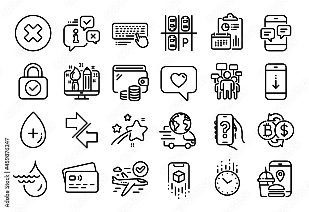 Vector set of Love message, Delivery service and Augmented reality line icons set. Calendar report, Money wallet and Credit card tag. Synchronize, Help app and Bitcoin exchange icons. Vector