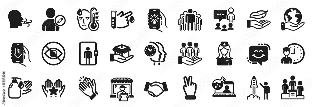 Set of People icons, such as Group, Handshake, Delivery market icons. Smile chat, Hold box, Clapping hands signs. Business podium, Wash hands, Ranking. Elevator, Breathing exercise, Fever. Vector Set of People icons, such as Group, Handshake, Delivery market icons. Smile chat, Hold box, Clapping hands signs. Business podium, Wash hands, Ranking. Elevator, Breathing exercise, Fever. Vector