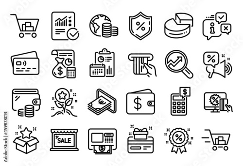 Vector set of Shopping cart, Analytics and Checked calculation line icons set. Calendar report, Money wallet and Credit card tag. Discount, Discounts offer and Internet shopping icons. Vector