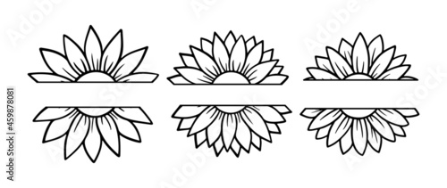 Sunflower split monogram set. Flower silhouette vector illustration. Sunflower graphic logo collection, hand drawn icon for packaging, decor. Petals frame,black silhouette isolated on white background