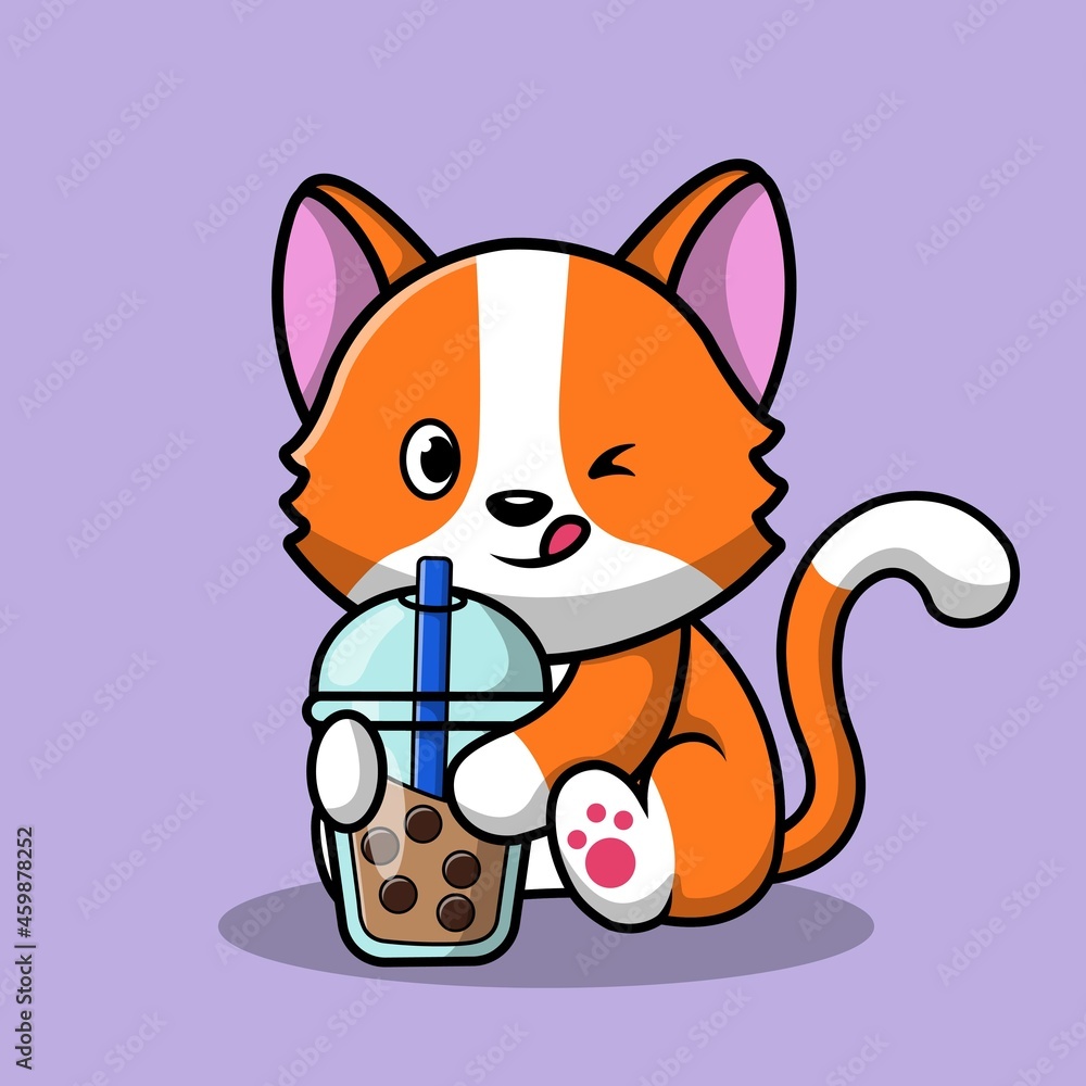 Cute Cat Drink Boba Milk Tea Cartoon Vector Icon Illustration