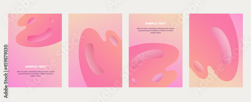 Vector abstract postcards set in 3d style. Pink gradient dynamic shapes with holes on light backdrop