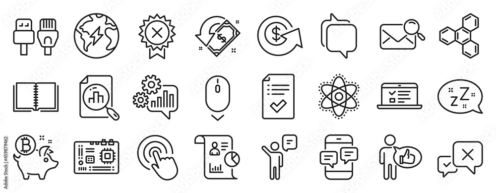 Set of Technology icons, such as Bitcoin coin, Motherboard, Approved checklist icons. Chemistry atom, Cogwheel, Search mail signs. Web lectures, Electricity, Click. Report, Computer cables. Vector
