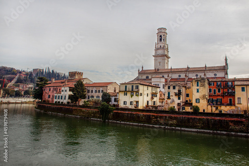 City view in Verona and river Adige . ome tower and nice old architecture of city Verpna , Northern Italy