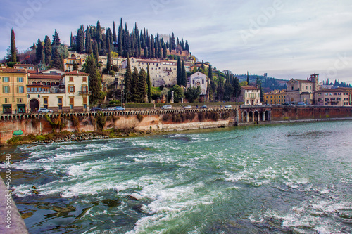 Fotografie Good view on Castel San Pietro and river Adige in Verona in sunny winter day