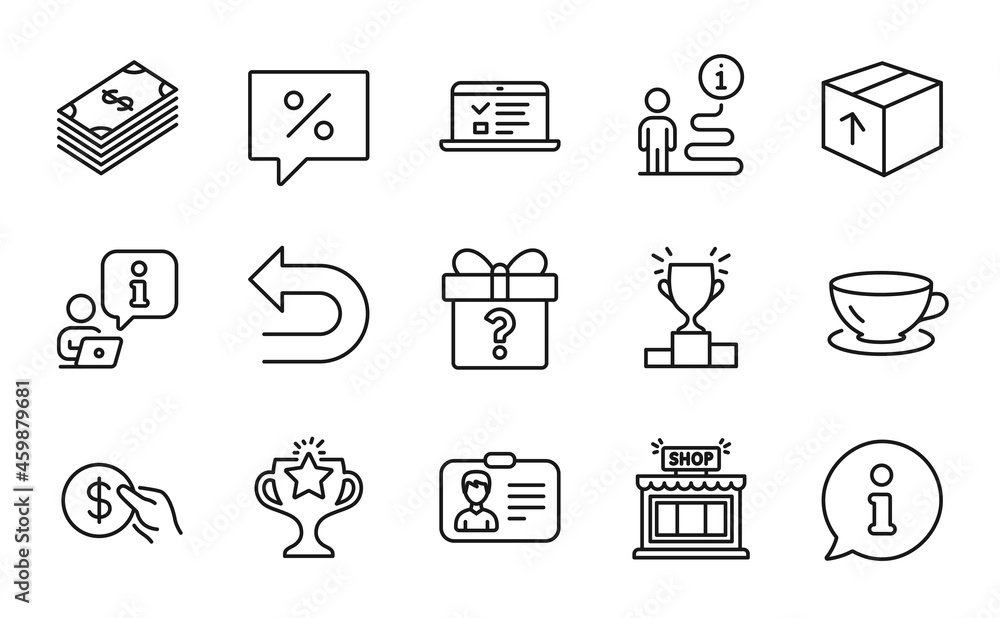 Line icons set. Included icon as Web lectures, Undo, Identification card signs. Shop, Dollar, Discount message symbols. Secret gift, Winner podium, Payment. Package, Espresso, Victory. Vector Line icons set. Included icon as Web lectures, Undo, Identification card signs. Shop, Dollar, Discount message symbols. Secret gift, Winner podium, Payment. Package, Espresso, Victory. Vector