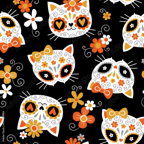 Hand drawn seamless vector pattern with cute cat sugar skulls and flowers. Perfect for fabric or wrapping paper. 