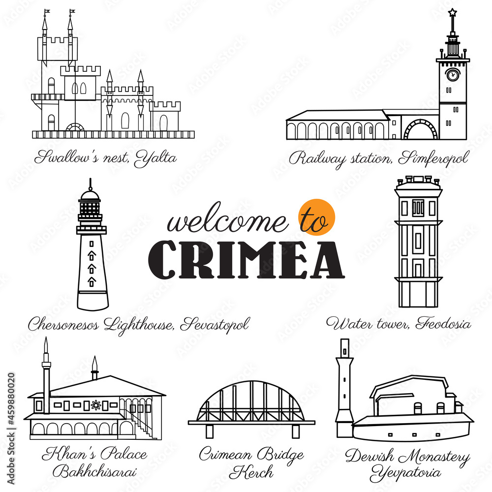 Vector landmark of Crimea, Swallow's nest, Yalta, Railway station, Simferopol, lighthouse of Sevastopol, Watertower, Feodosia, Crimean Bridge, Dervish Monastery, Yevpatoria, Khan's Palace Bakhchisarai