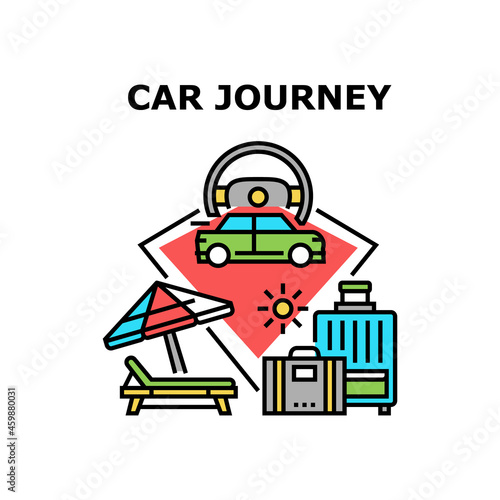 Car Journey Vector Icon Concept. Car Journey With Baggage On Summer Vacation For Resting Seashore And On Beach Chaise Lounge. Driver Driving Automobile For Travel With Luggage Color Illustration