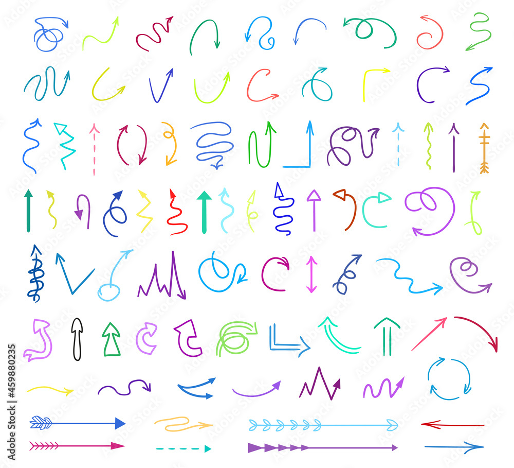 Hand drawn set of different signs. Multicolored infographic elements on white background. Colored arrows. Symbols for design. Doodles for work Hand drawn set of different signs. Multicolored infographic elements on white background. Colored arrows. Symbols for design. Doodles for work