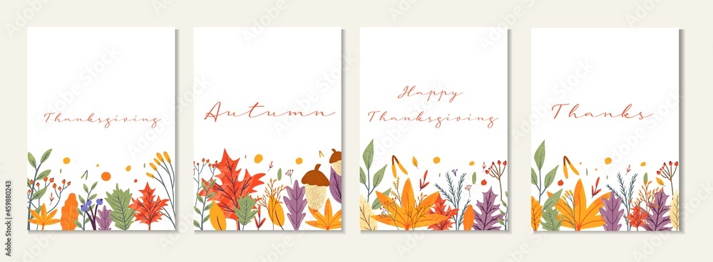 Happy thanksgiving greeting cards and invitations. Celebration poster with text, autumn leaves,  berries for postcard, banner. Vector calligraphy lettering holiday quote
