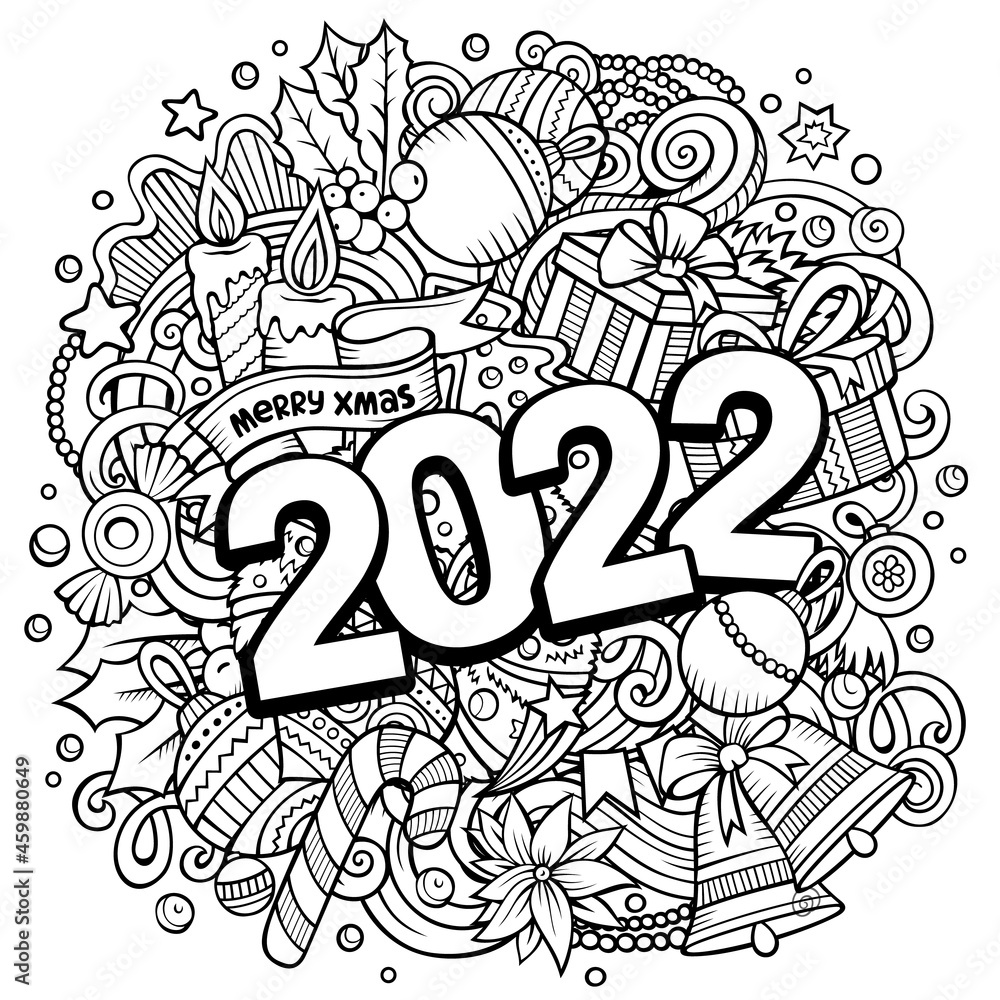 2022 hand drawn doodles illustration. New Year objects and elements poster