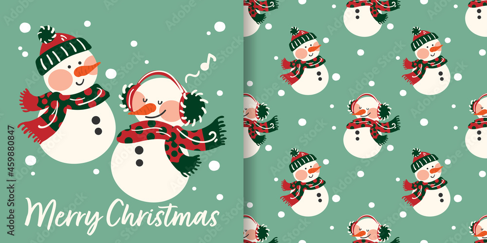 Christmas holiday banner with Merry Christmas text and seamless pattern of cute snowman in winter clothes on a light green background with snowflakes. Vector illustration. Christmas holiday banner with Merry Christmas text and seamless pattern of cute snowman in winter clothes on a light green background with snowflakes. Vector illustration.