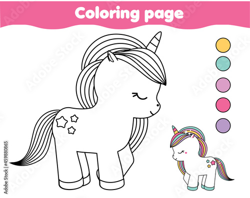 Coloring page with cute unicorn. Drawing kids activity. Printable fun for toddlers and children