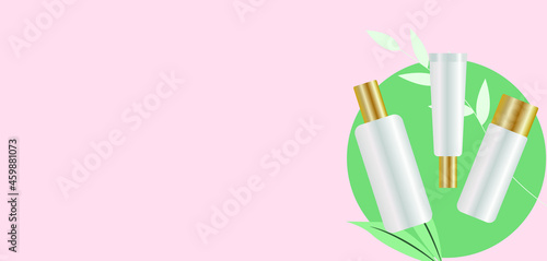 vector poster with a tube of cream and shampoo on a pink background. flat image of bottle with balm and flowers