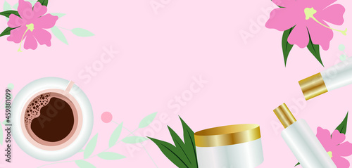 vector banner with cosmetic items. flat top view image of makeup items on the pink background.
