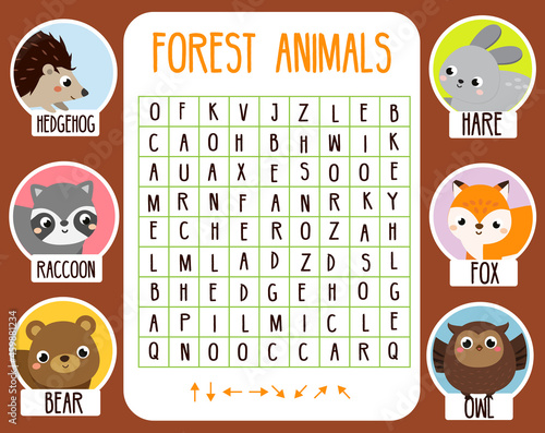 Educational game for children. Word search puzzle. Learn forest animals for kids and toddlers