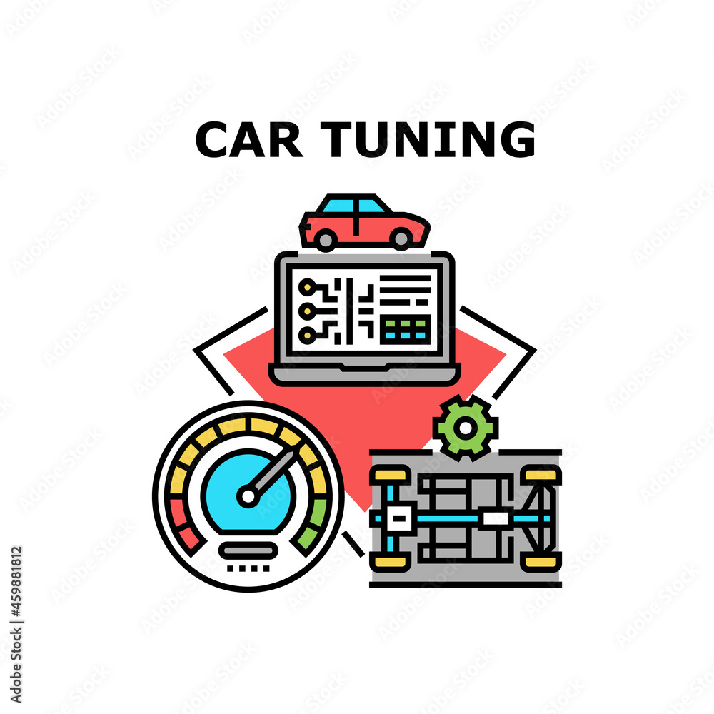 Car Tuning Improvement Vector Icon Concept. Engine, Suspension And Body Car Tuning Improvement, Motor Electronic Chip Computer Settings For Achievement High Speed Color Illustration