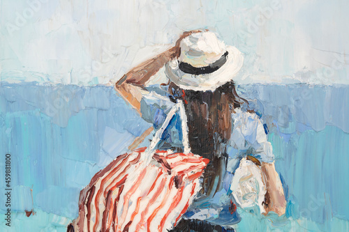 Fototapeta Naklejka Na Ścianę i Meble -  Beautiful tanned girl on a beach vacation on the background of the sea. Dressed in shorts and a white hat. Oil painting on canvas.
