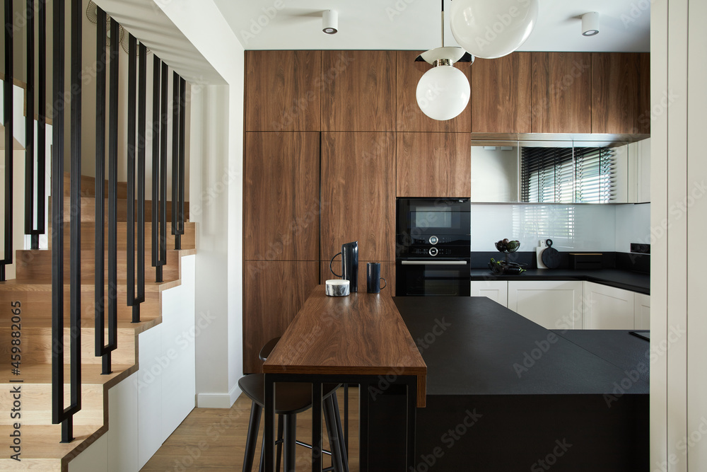 Stylish brown panel kitchen interior with biuld in kitchen and