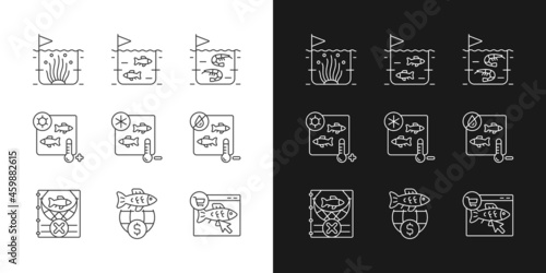Fish product farming and storing linear icons set for dark and light mode. Sterilization and preservation. Customizable thin line symbols. Isolated vector outline illustrations. Editable stroke