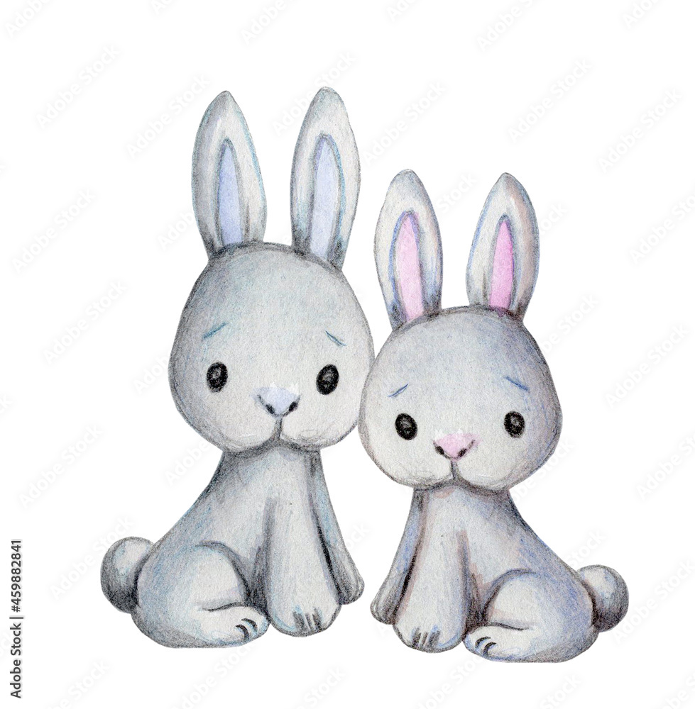 Obraz premium Cute cartoon bunny hare rabbits. Watercolor hand painted illustration for children and babies. Useful for prints, cards, wall art, book illustrations. Isolated on white background.
